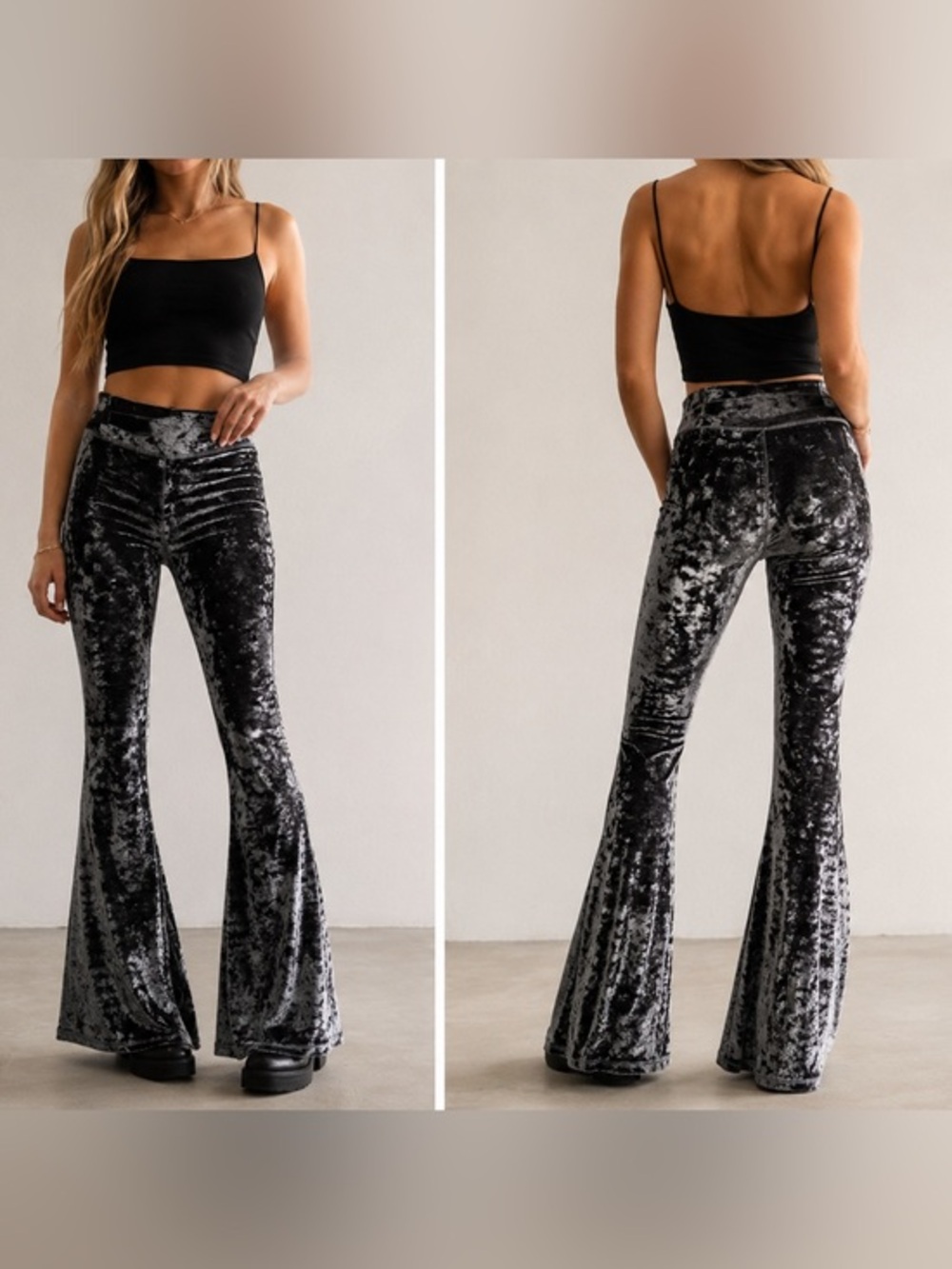 Free People Crushed Velvet Flare Pants Gray Black Pull On Bell Bottoms Boho